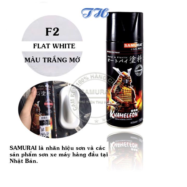 Sơn Xịt Samurai chuyên dùng cho xe máy màu màu trắng mở F2 chống cháy, chống rạn nứt, vòi xịt chống chảy