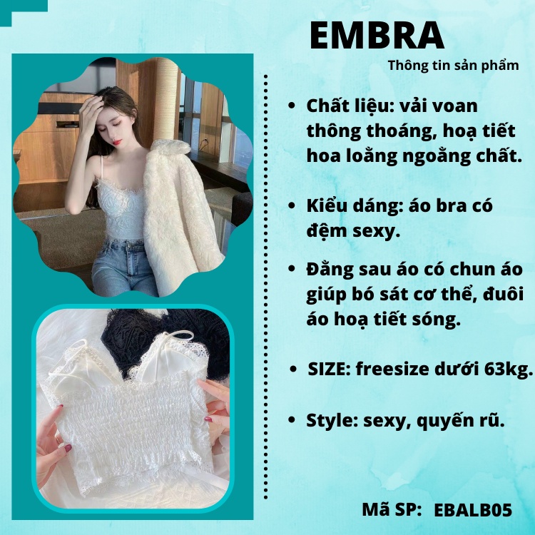 Áo bra áo lót nữ hoạ tiết hoa có trun sau ôm cơ thể vải voan mát có đệm mỏng mã EBALB05