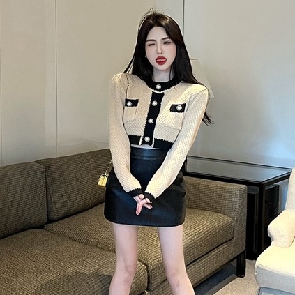 Bộ Áo Cardigan Dệt Kim Dáng Ngắn Phối Màu Tương Phản + Chân Váy pu Lưng Cao Thời Trang Hàn Quốc Cho Nữ
