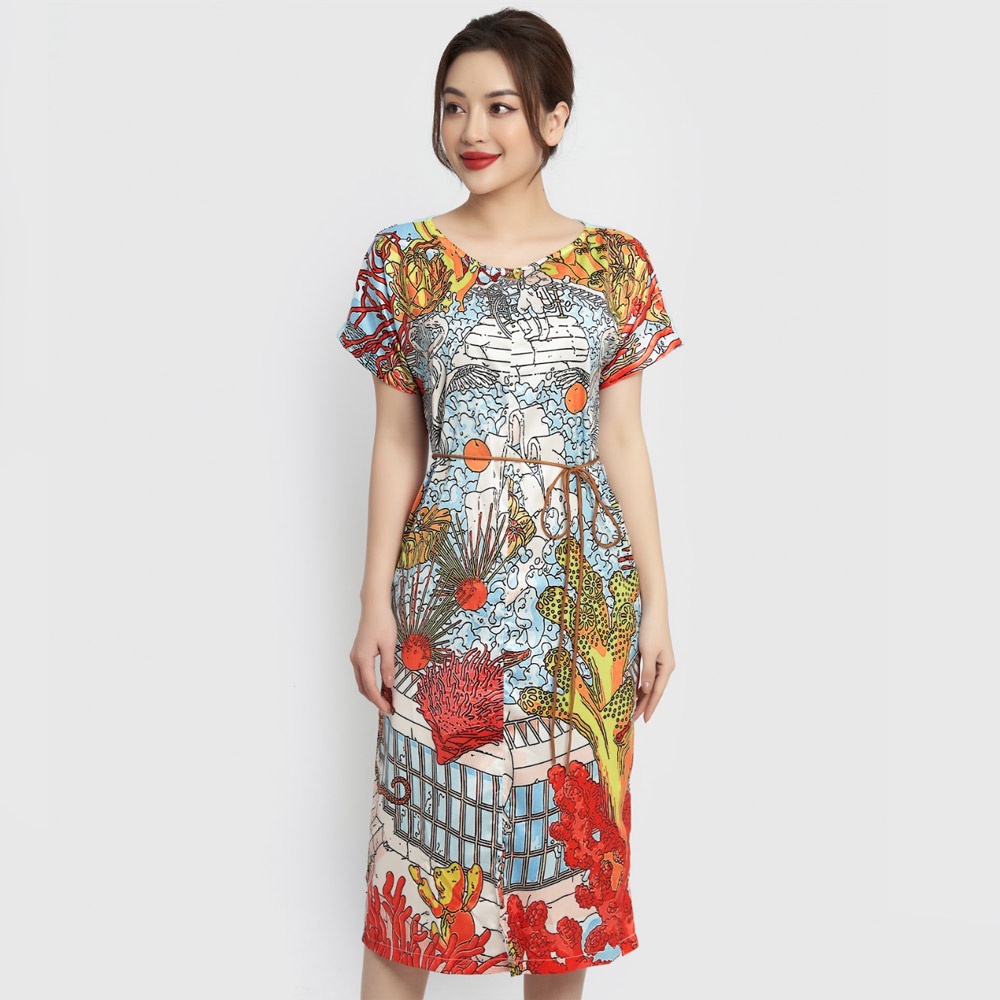 Đầm Xuông Xẻ Tà Hecci Họa Tiết Biển Kèm Đai Thắt Eo V209