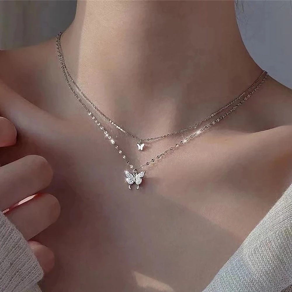 Vòng cổ Hai Lớp Mặt Hình Bướm Lấp Lánh Thời Trang Mới Dành Cho Nữ