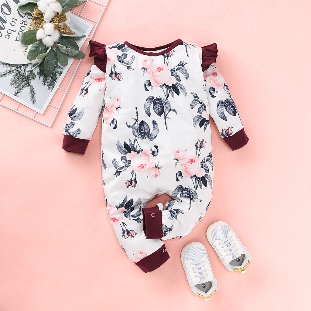 Áo liền quần MIKRDOO thiết kế tay dài in hoa xinh xắn cho bé gái sơ sinh