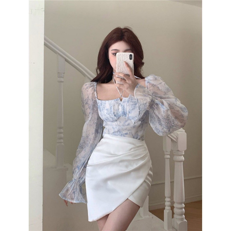 Áo chiffon Trễ Vai Họa Tiết Hoa + Chân Váy Lưng Cao Màu Trắng / Xanh Dương Chất Liệu satin Cao Cấp Thời Trang