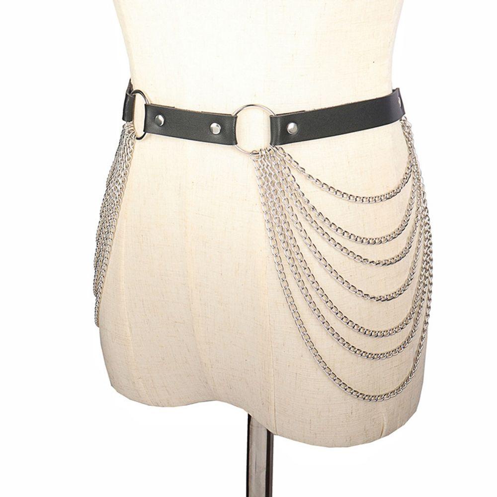 Thắt Lưng Da PU Màu Đen Phối Dây Xích Điều Chỉnh Được Thời Trang Cho Nữ