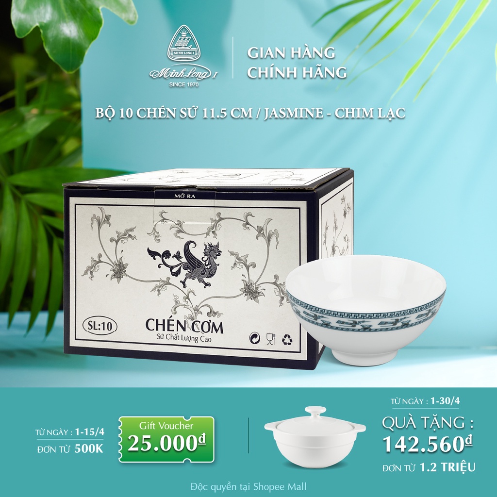 Bộ 10 chén sứ cao cấp Minh Long 11.5 cm - Jasmine - Chim Lạc