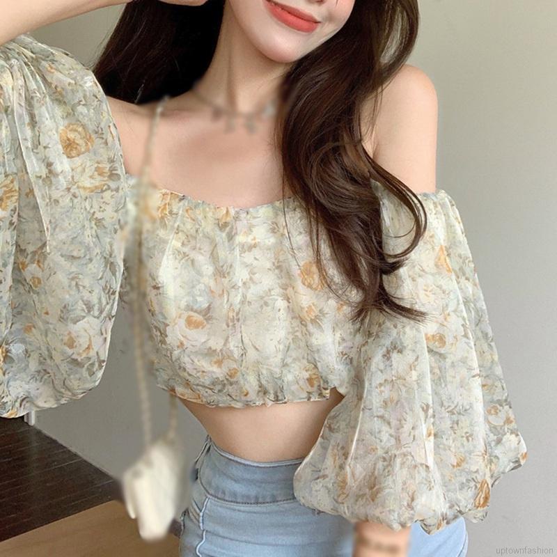 Áo croptop trễ vai tay loe dài in họa tiết hoa dễ thương thời trang mùa hè cho nữ