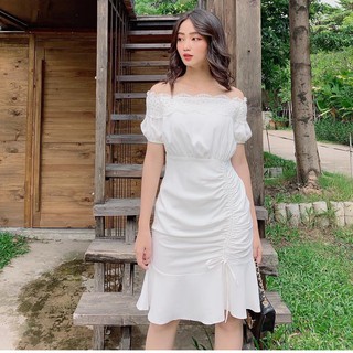 Váy trắng dự tiệc trễ vai viền ren_ Váy ren thiết kế( kèm hình chụp thật)