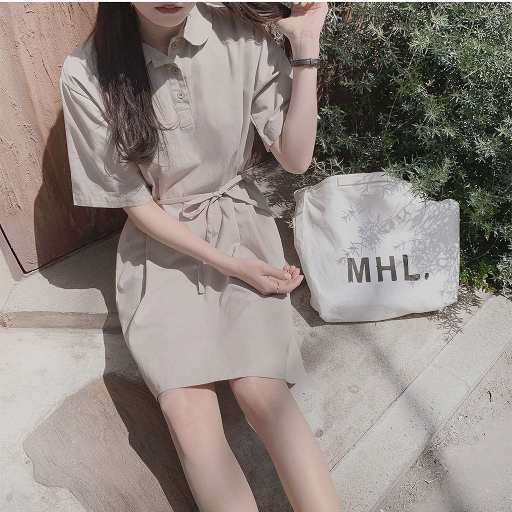 Đầm sơ mi Peppermint 28322 tay ngắn cổ polo màu trơn cao cấp