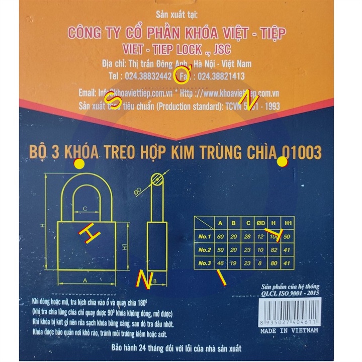 Ổ khóa treo Việt Tiệp hợp kim trùng chìa 01003 (bao gồm 3 sản phẩm 01505, 01605, 01405) sử dụng chung một bộ chìa