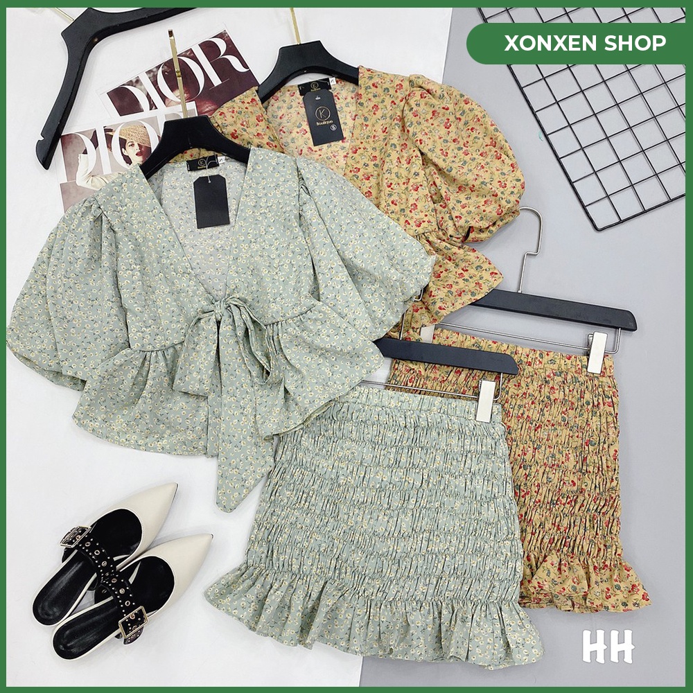 SET VÁY HOA NHÍ ÁO CỘT NƠ CHÂN VÁY BÓ THÂN SANG CHẢNH XONXEN ĐĂK LĂK SIZE S M MÃ 14