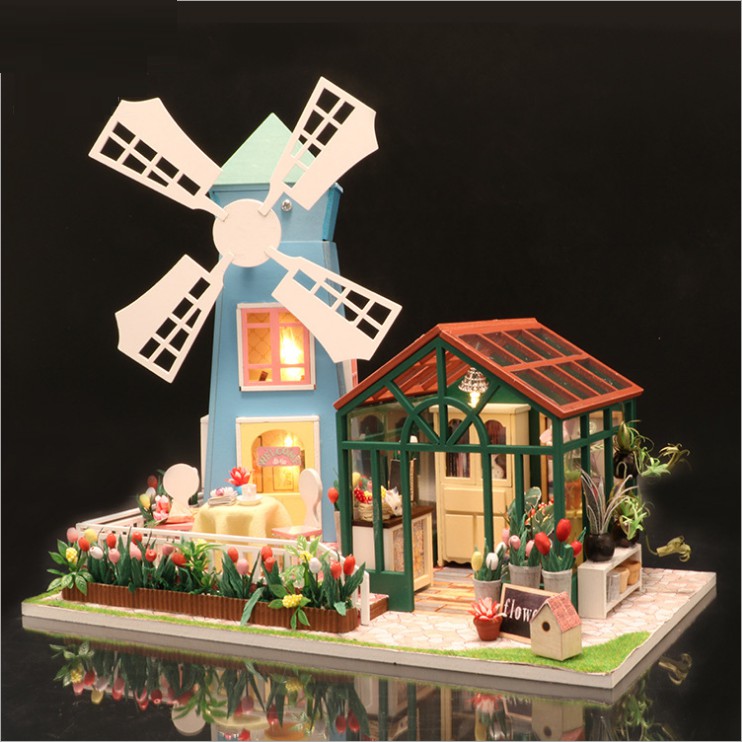 Mô hình nhà DIY Doll House Amsterdam Windmill Flower House Kèm Mica chống bụi, Bộ dụng cụ và Keo dán