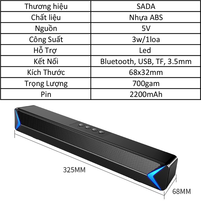 Loa Máy Vi Tính Bluetooth SADA S13, Hỗ Trợ Bluetooth, USB, TF, Jack 3.5mm, Có Đèn Led Sáng 2 Cạnh