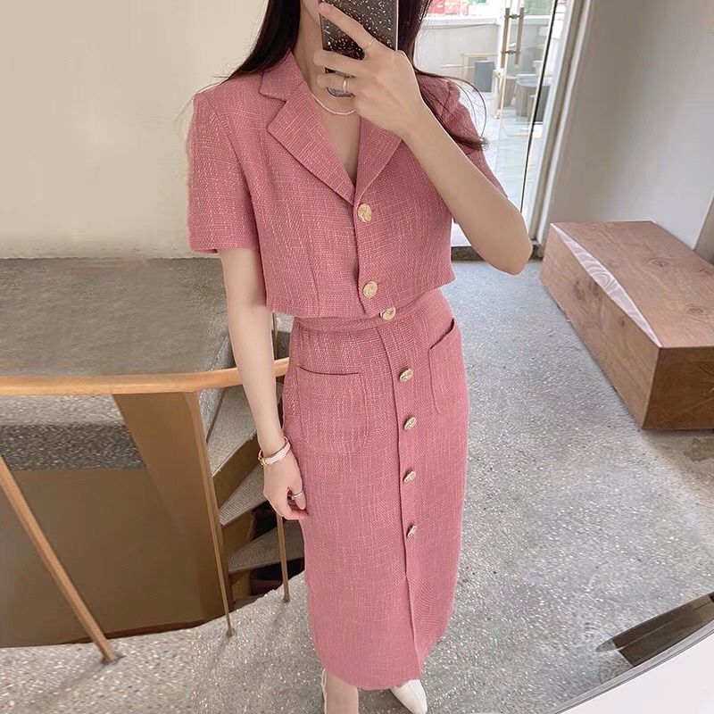 Set áo dạ sweet Hàn Quốc áo vest ngắn tay mix chân váy bút chì