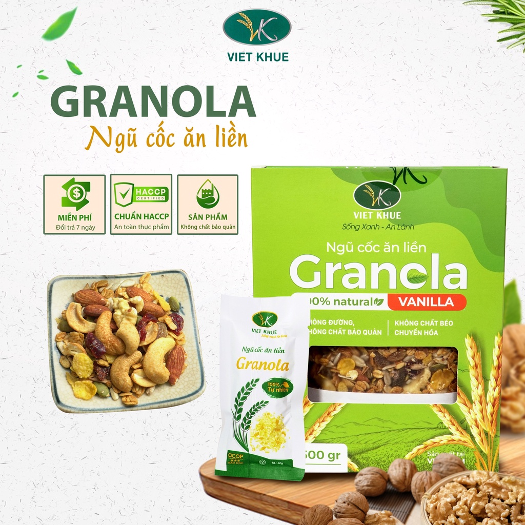 Ngũ cốc ăn liền Granola Việt Khuê mixed nuts giàu chất đạm và chất béo không bão hòa bổ sung dưỡng chất cho cơ thể