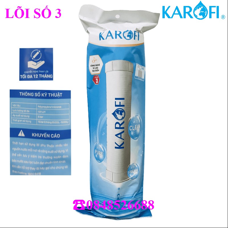 Bộ 3 lõi lọc 123 Karofi xử lý nước cứng - Lõi số 2 Cation vỏ T3- cho máy Ne
