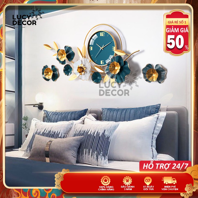 Đồng hồ treo tường hoa xanh decor cỡ lớn trang trí phòng sang trọng phong cách Châu Âu mã C1021