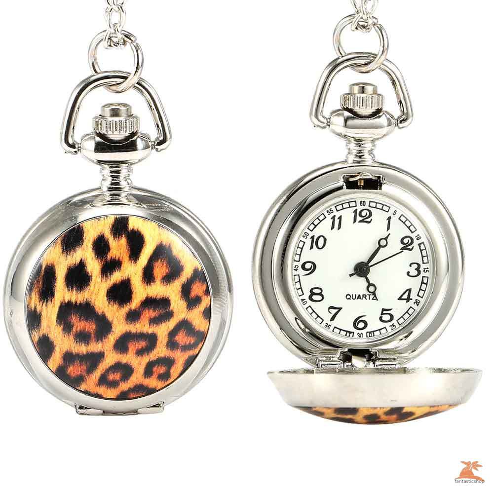 #Đồng hồ bỏ túi# Fashion Vintage Men Women Quartz Pocket Watch Alloy Openable Leopard Pattern Sweater Chain Necklace Pendant Clock Gifts