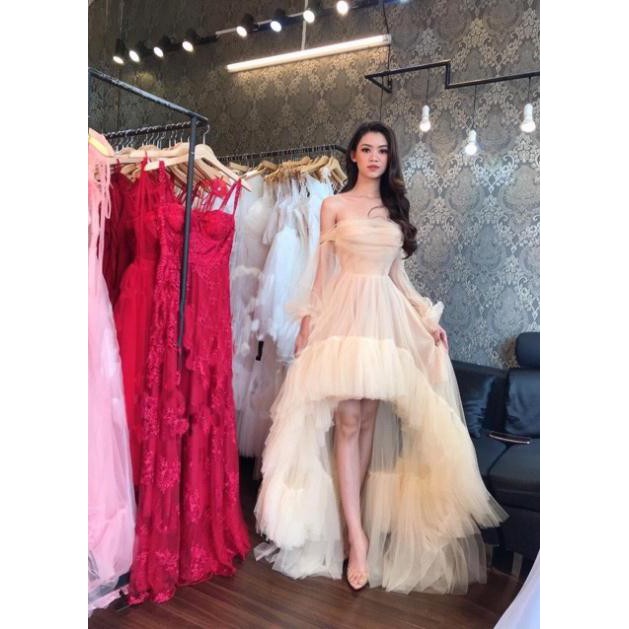 Đầm dự tiệc đuôi tôm trễ vai lưới tay dài sang trọng rất đẹp - size M/L (có ảnh/video thật) MS8Y