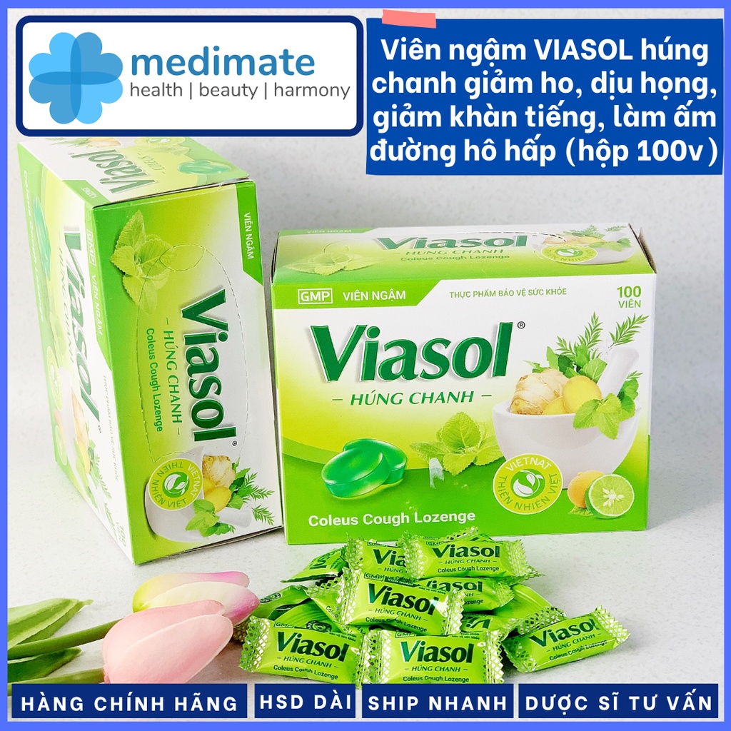 Viên ngậm VIASOL Húng Chanh giảm ho, giảm đau họng, dịu họng, làm ấm đường hô hấp (hộp 100 viên)