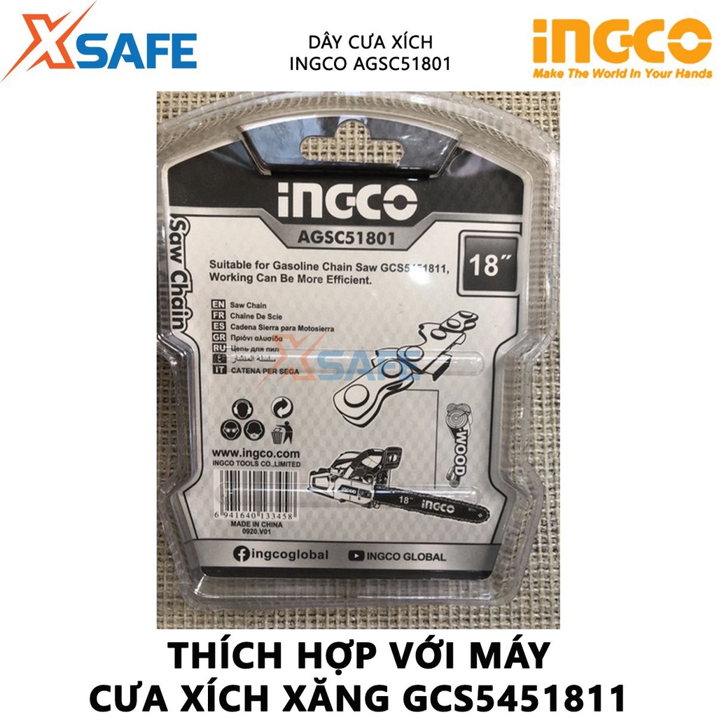 Dây cưa xích INGCO AGSC51801 18'', phù hợp để gắn với máy cưa xích xăng GCS5451811 dùng cưa, cắt gỗ