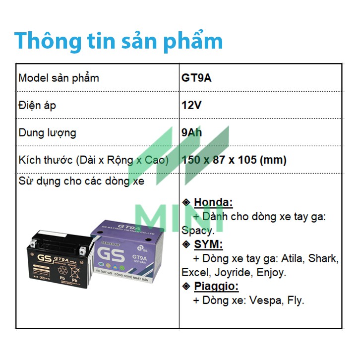 Bình ắc quy khô GS dùng cho các dòng xe Honda, Yamaha, Suzuki, SYM, Piaggio