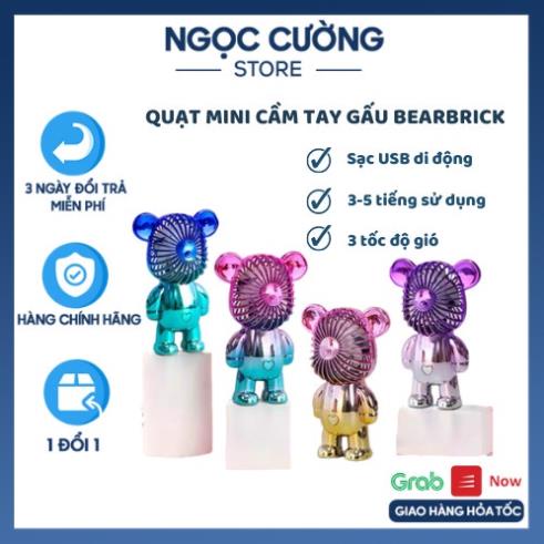 Quạ gấu bearbrick mini cầm tay , quạt tích điện mini để bàn decor siêu dễ thương cổng sạc USB