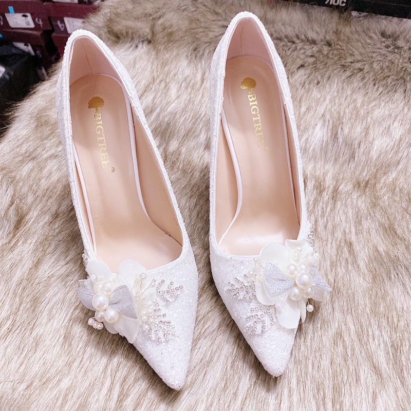 GIÀY CƯỚI SEQUINT ĐÍNH HOA NGỌC HANDMADE, GIÀY CƯỚI CÔ DÂU CÓ SẴN