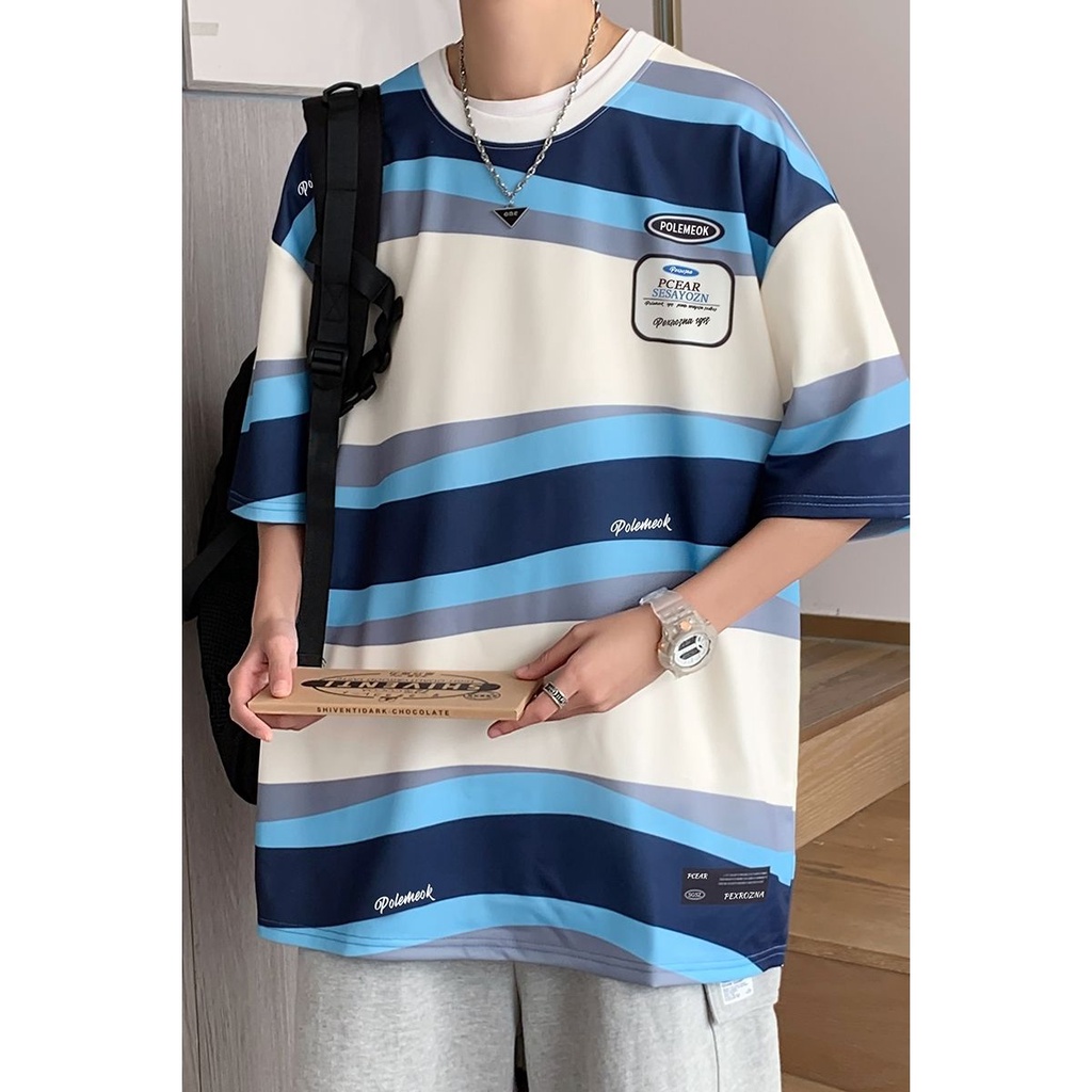 Áo Thun Tay Ngắn Cổ Tròn Họa Tiết Kẻ Sọc Thời Trang Mùa Hè 2022 Cho Nam