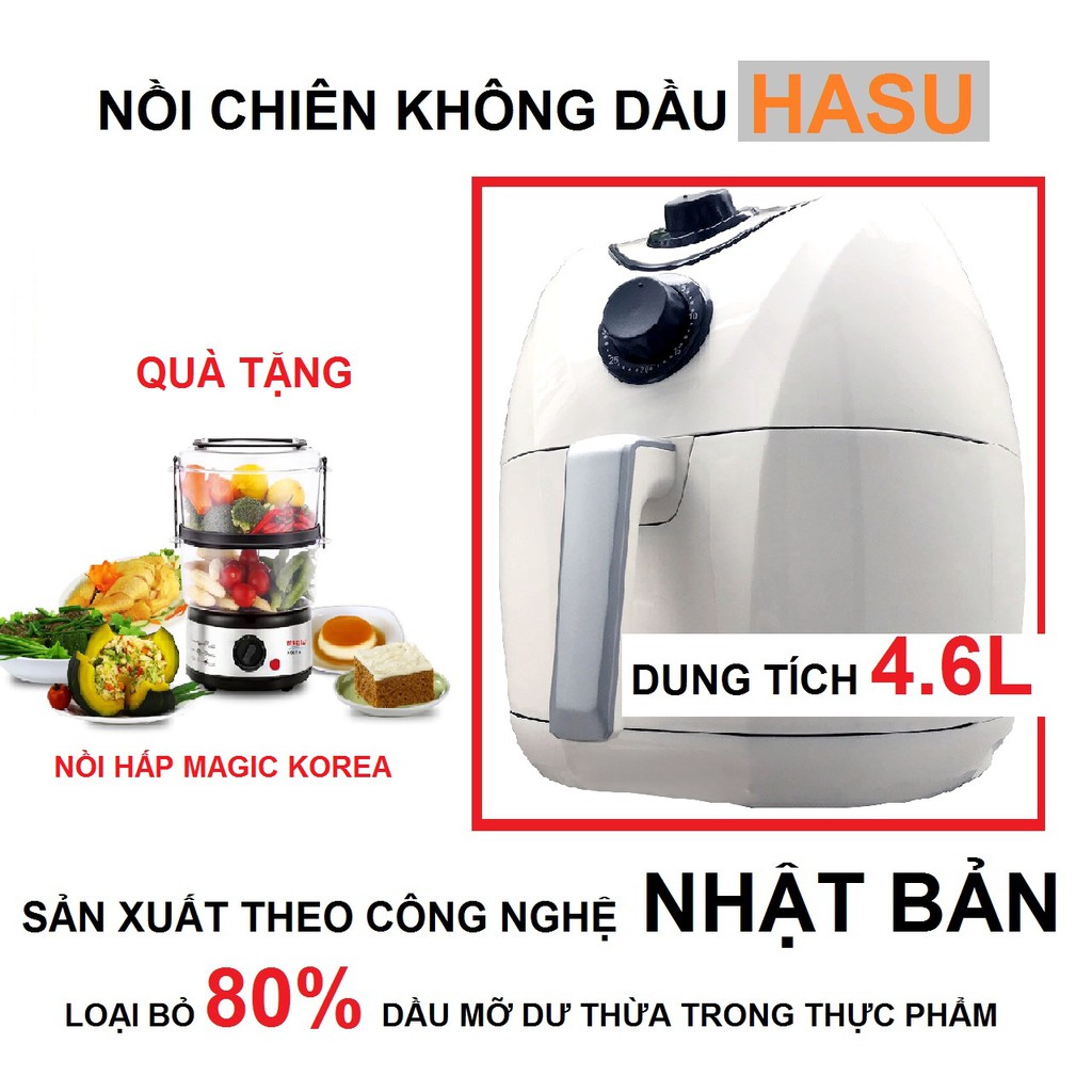 Nồi chiên không dầu Hasu 4.6L Công Suất 1400W tặng nồi hấp 3 tầng