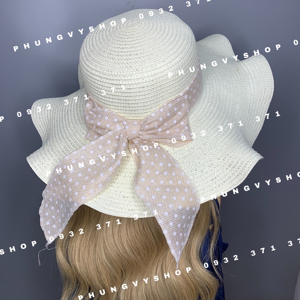 Mũ cói VÀNH LƯỢN DÂY BI nón đi biển che nắng
