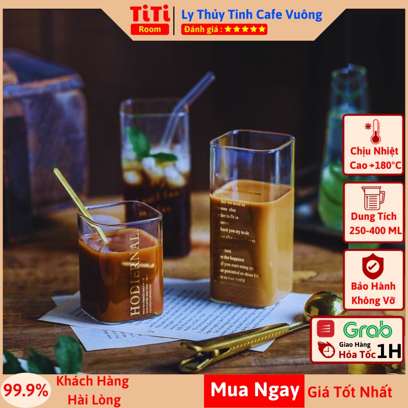 Ly thủy tinh vuông chịu nhiệt MILK TEA 400ml Cốc thủy tinh uống sinh tố sang chảnh cao cấp phong cách Vintage dễ thương