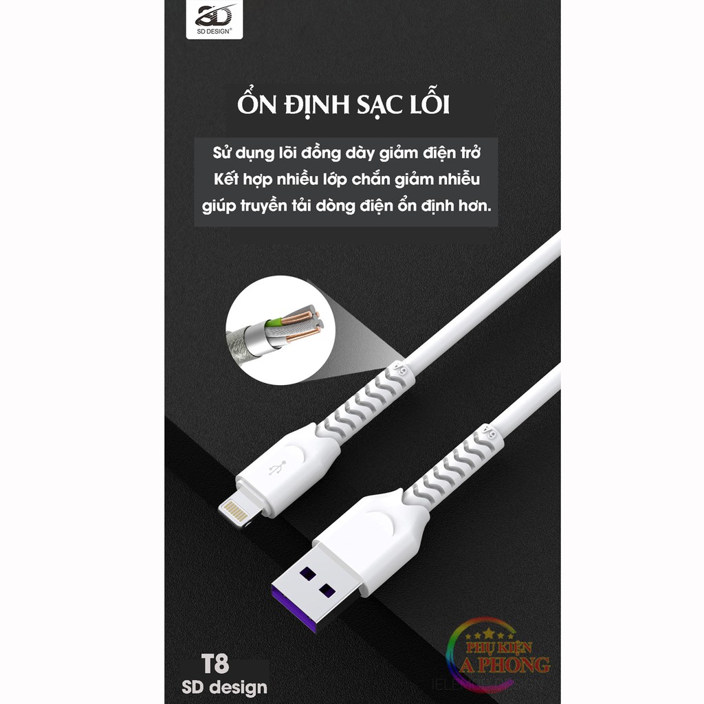 CÁP SẠC NHANH SIÊU TỐC T8 6A - Chính hãng SD - Sạc nhanh không hại pin cho Iphone, Samsung, Oppo - Bảo hành 12 tháng