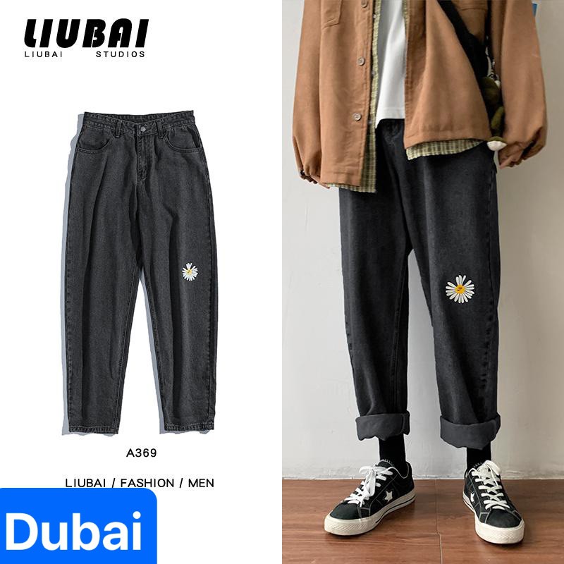 QUẦN BAGGY JEAN NAM CHẤT BÒ ĐEN ỐNG RỘNG DÀI THÊU HOA CÚC XÌ TEEN HÈ NHẬT BẢN HOT TREND DB-35 - DUBAI FASHIONBộ hè