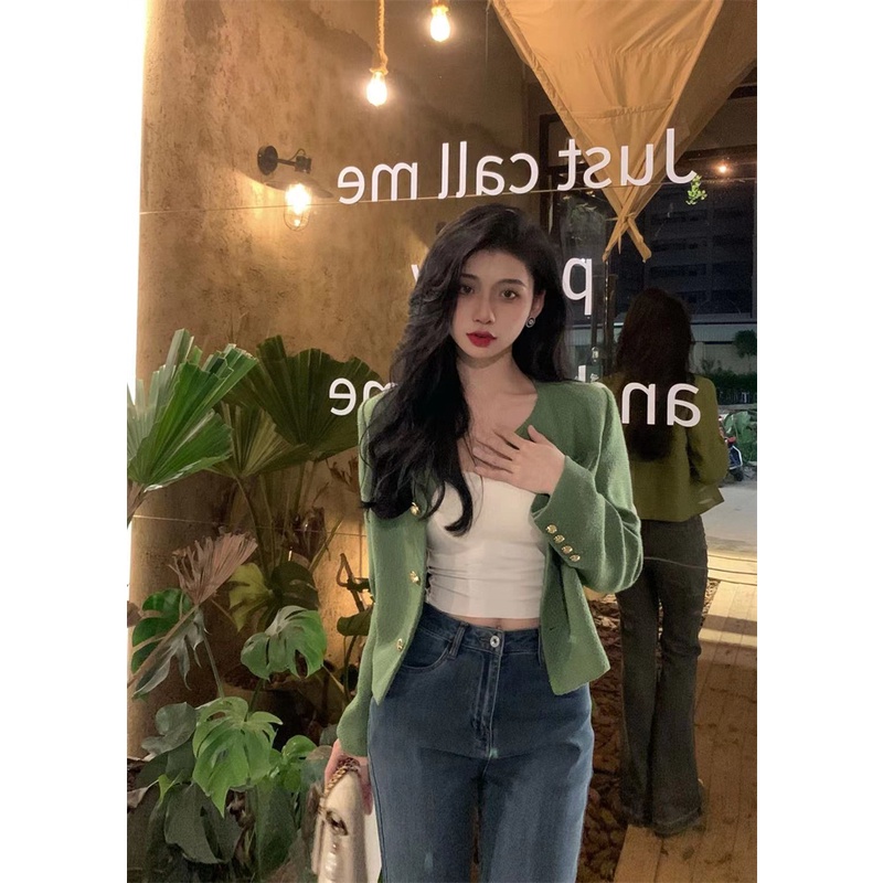 Áo Khoác Ngắn Màu Xanh Lá Phong Cách Hàn Quốc Thời Trang Mới Cho Nữ