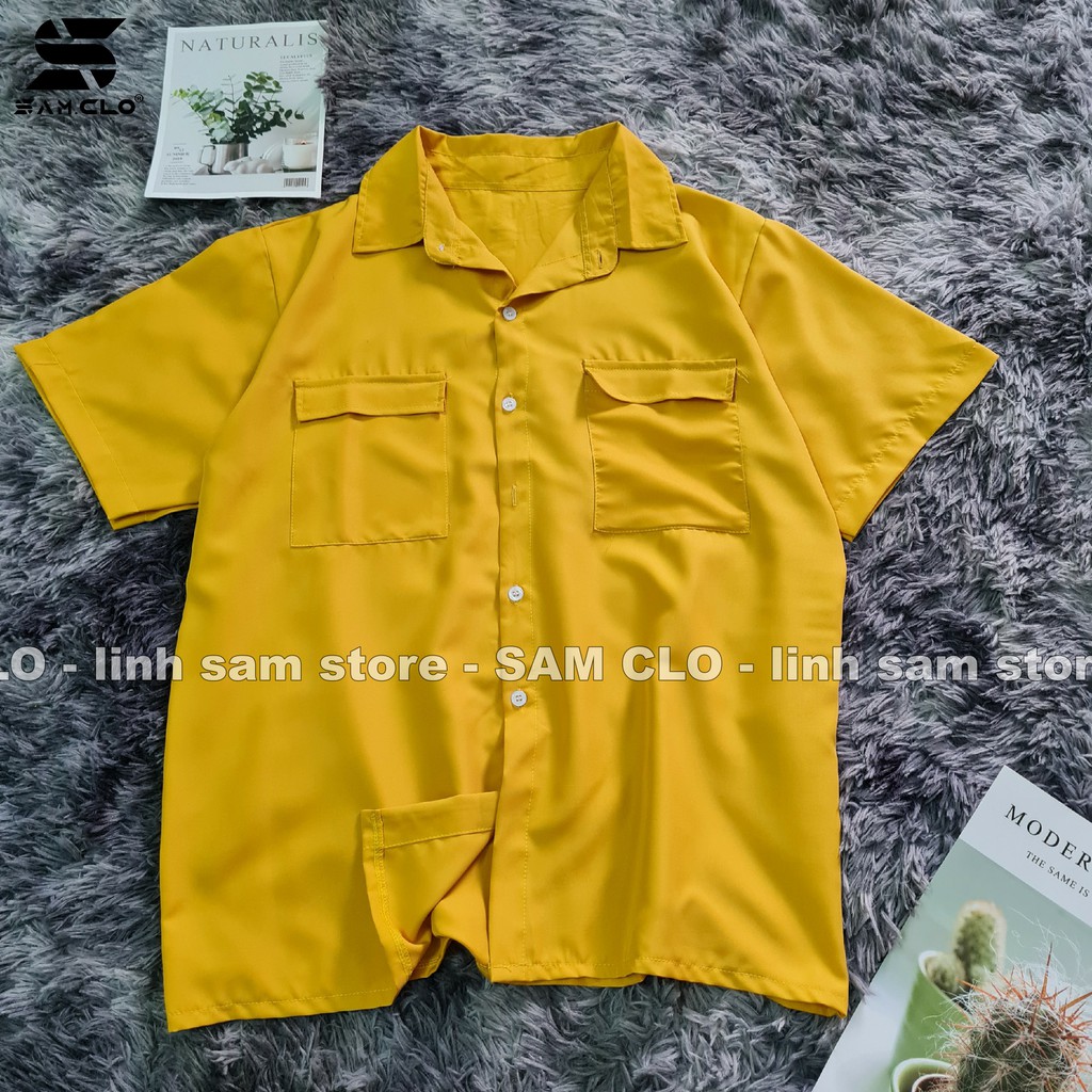 Áo sơ mi nữ SAM CLO cổ bẻ tay ngắn - lỡ ulzzang form freesize dáng rộng unisex mặc cặp, nhóm, couple TRƠN HAI TÚI