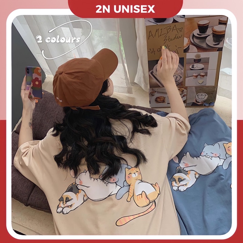 Áo thun tay lỡ form rộng - phông nam nữ cotton oversize - T shirt 4 chú mèo - 2N Unisex