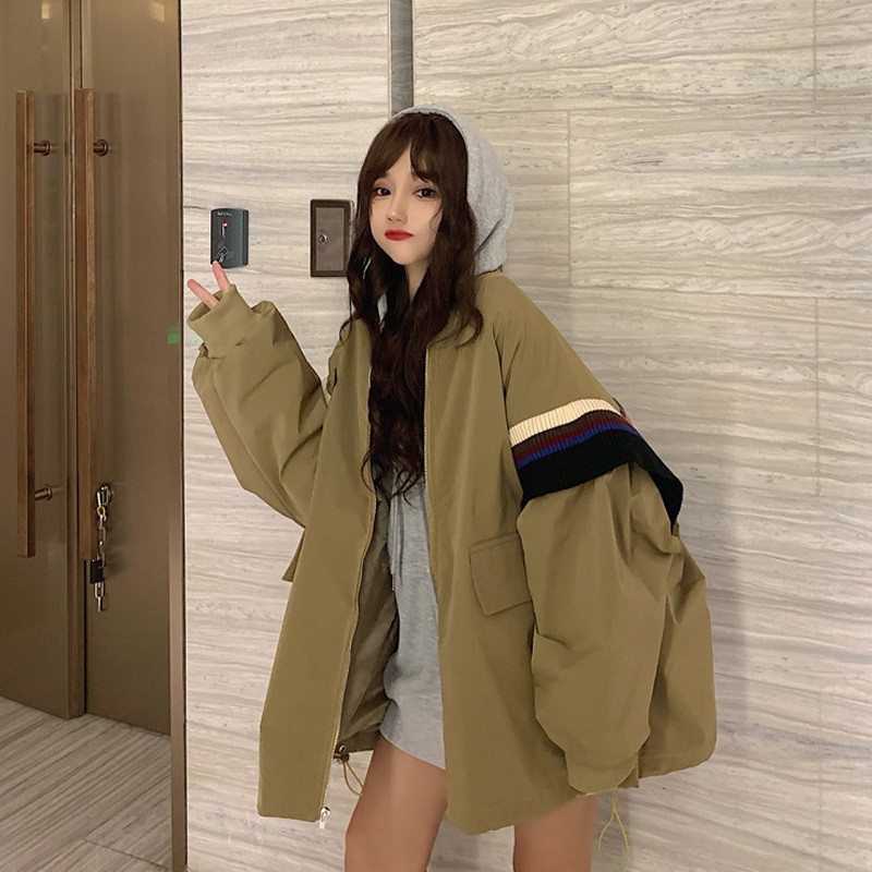 Áo khoác cardigan khóa kéo kẻ sọc ngang lưng