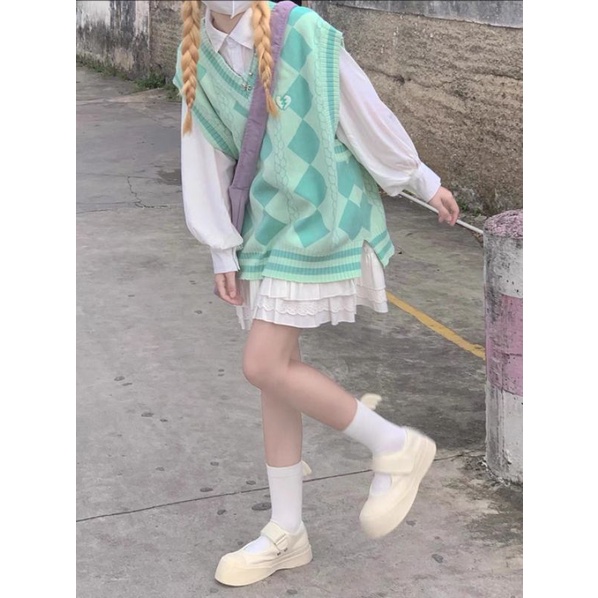 Áo gile len dệt kim hoạ tiết kim cương xanh ulzzang oder taobao