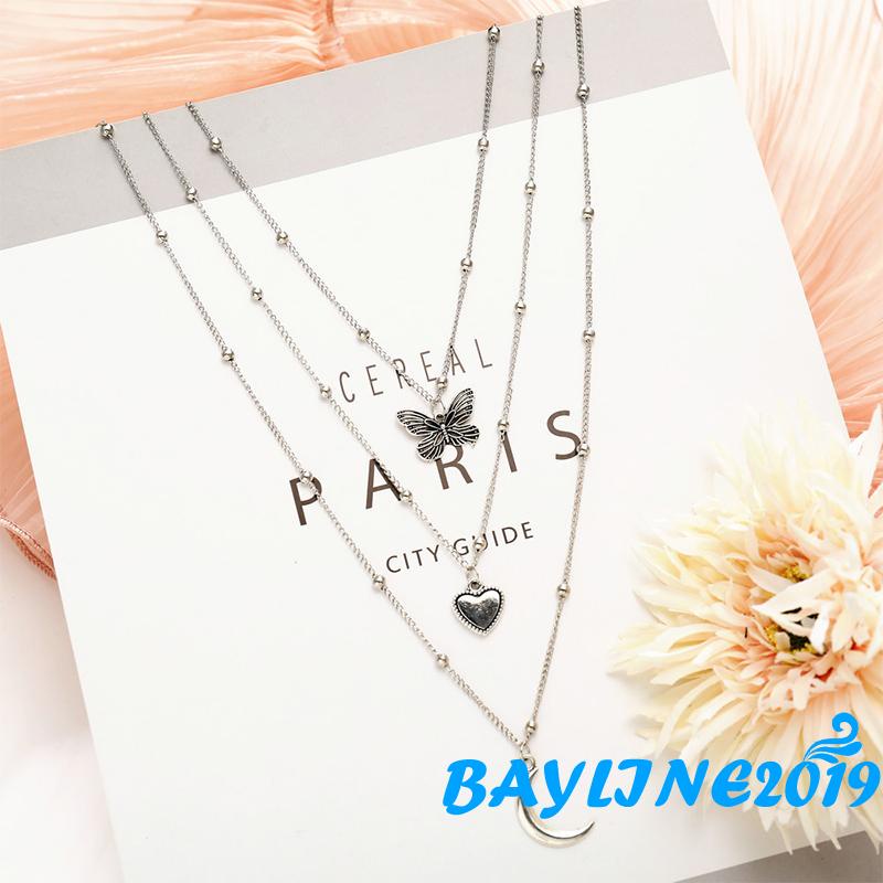 Bộ 3 Vòng cổ hợp kim mặt hình bướm mặt trăng trái tim sáng tạo cho nữ