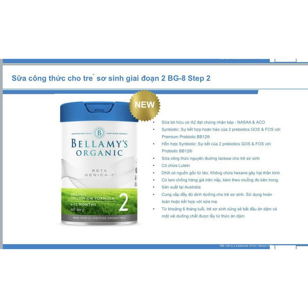 Sữa Bellamy's Organic Beta Genica - 8'' lon 800gr (đủ số)