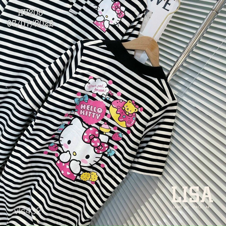 [9.9 Sales Freeship] Đầm polo nữ, đầm suông kẻ sọc ngang cổ bẻ in hình kitty, đầm dáng dài in hình sau lưng dễ thương