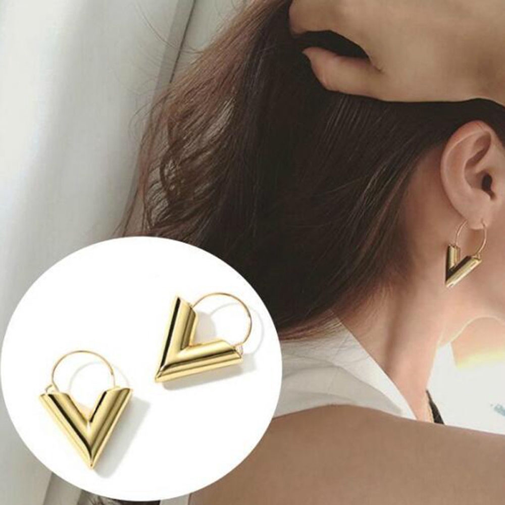 MXGOODS Color Fashion Letter V Metal Texture Gift For Women Hoop Earrings
