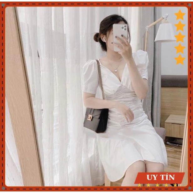 Đầm trắng,váy cổ V nhún thân bèo đuôi cá Eva_home_fashion