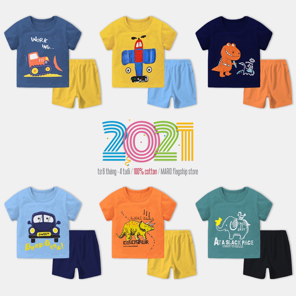 Bộ cotton cộc tay cho bé Mario Store bộ quần áo trẻ em in hình đáng yêu chất cotton hàng Quảng Châu