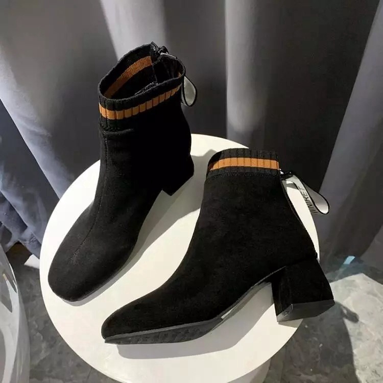 [Mã FASHIONGREEN15 giảm 10% tối đa 30k đơn từ 99k] Boot Da Lộn Gót Vuông Cổ Chun Cam Khóa Sau Phối Dây Cá Tính A001 | BigBuy360 - bigbuy360.vn