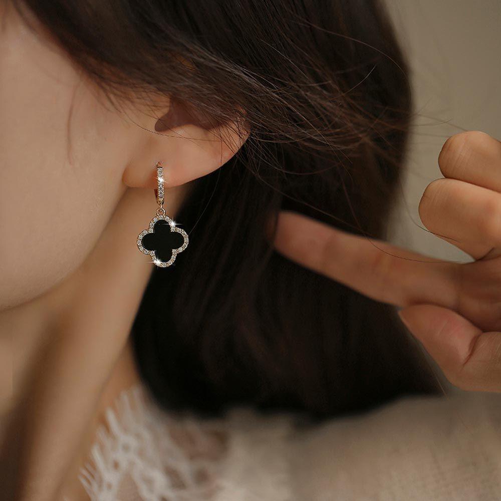 MXGOODS Khuyên Tai Nữ Trang Dáng Tròn Đính Cỏ Bốn Lá Xinh Xắn