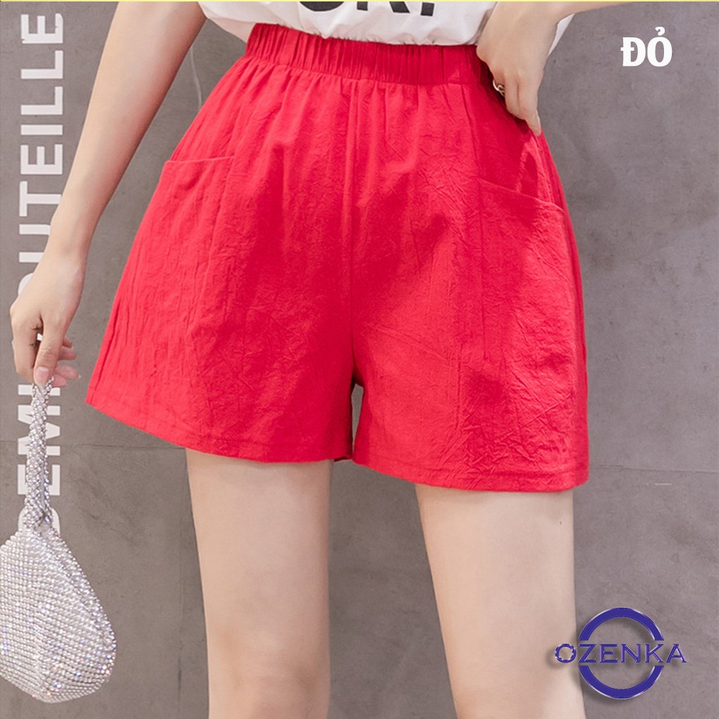 Quần short đũi  nữ ống rộng cạp chun túi thật , quần đùi đũi big size chất đẹp giá rẻ màu đen ghi da OZENKA | BigBuy360 - bigbuy360.vn