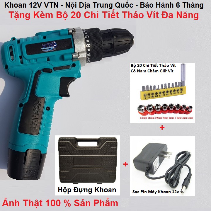 Máy Khoan Pin VTN 12V 2 Tốc Độ, Có Đảo Chiều - Tặng Bộ 20 Chi Tiết Tháo Vít ( Hàng Nội Địa Trung Quốc, Lõi Đồng )