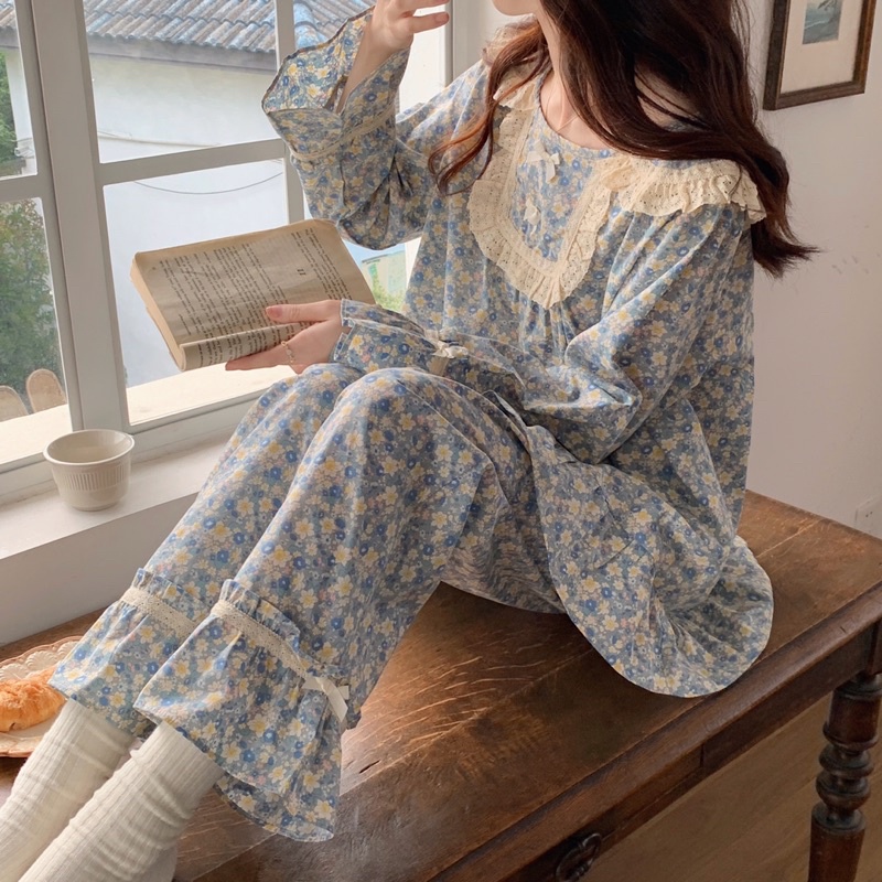 Đồ Ngủ Hoa Nhí Ulzzang Style Hàn Quốc- Đồ Bộ Nữ Mặc Nhà Tiểu Thư Phối Bèo Công Chúa
