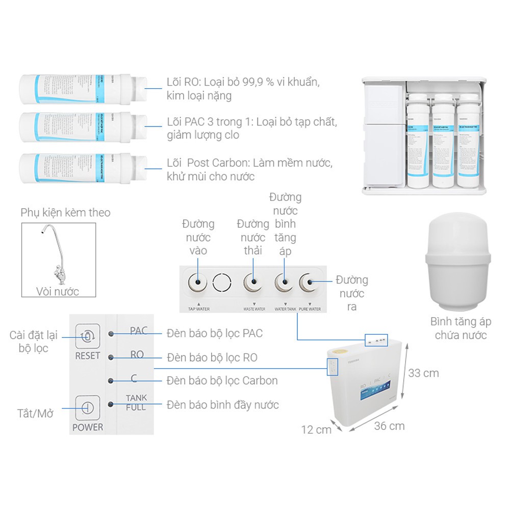Máy lọc nước RO Toshiba TWPN1686UV(W1) 3 lõi Bảo Hành Chính Hãng